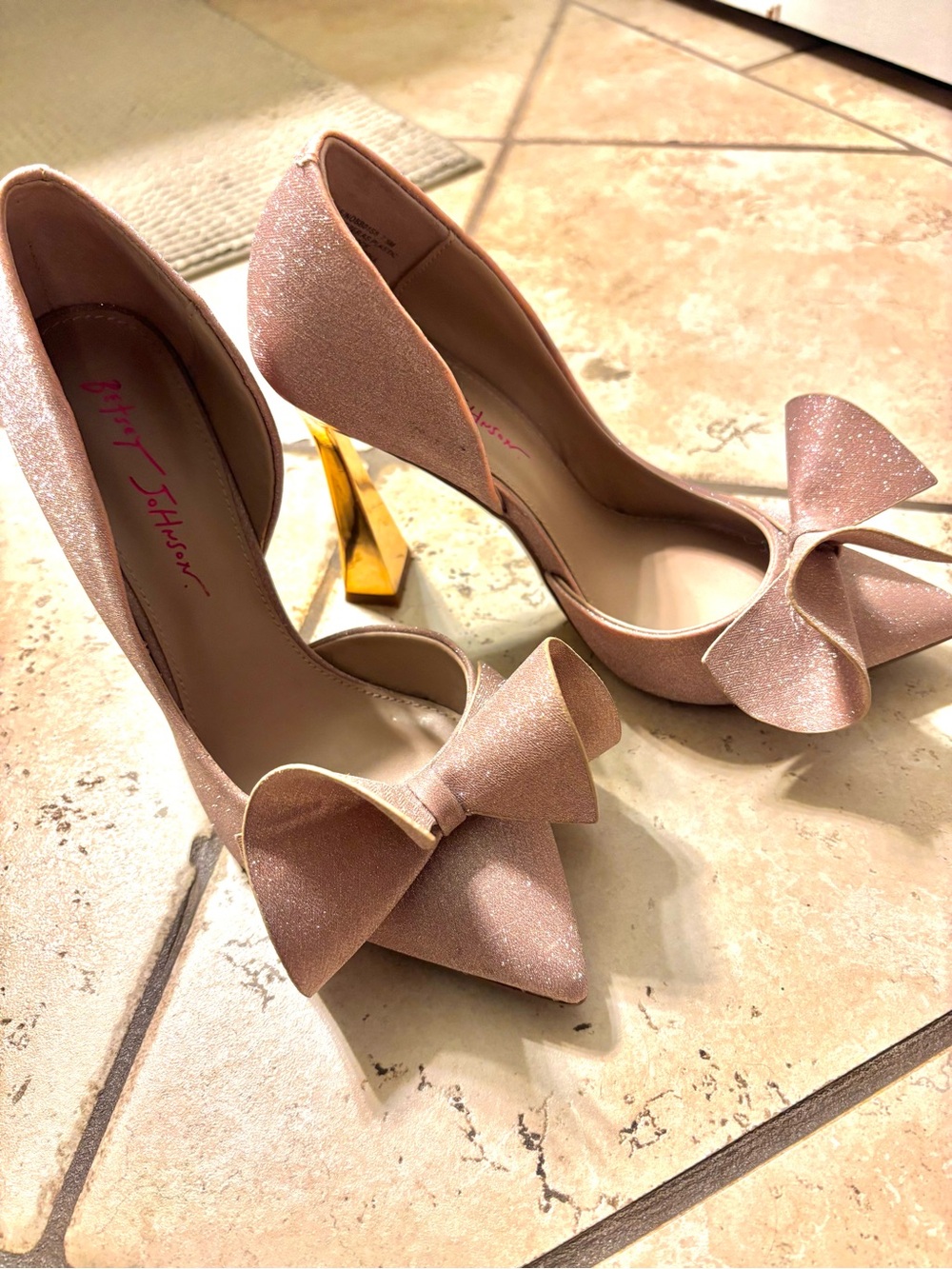 Betsey Johnson Rose Gold Glitter Pointed Toe Pumps with Gold Block Heel and Bow